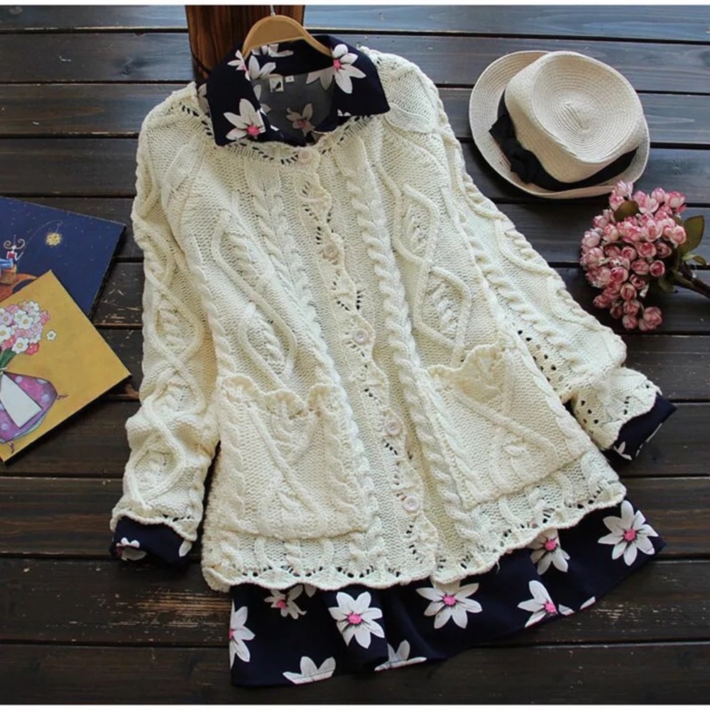 Cable knit pocket cardigan sweater cream womens long sleeve top - Picture 2 of 3